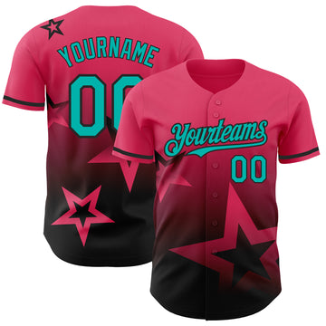 Custom Neon Pink Aqua-Black 3D Pattern Design Gradient Style Twinkle Star Authentic Baseball Jersey
