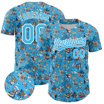 Custom Sky Blue White 3D Pattern Design Animal Bear And Hawaii Palm Trees Authentic Baseball Jersey