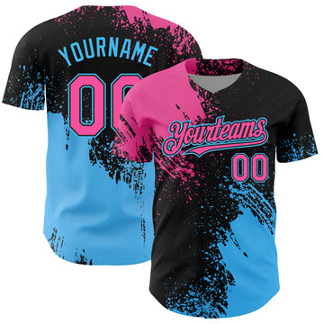 Custom Pink Black-Sky Blue 3D Pattern Design Abstract Brush Stroke Authentic Baseball Jersey