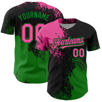 Custom Pink Black-Grass Green 3D Pattern Design Abstract Brush Stroke Authentic Baseball Jersey