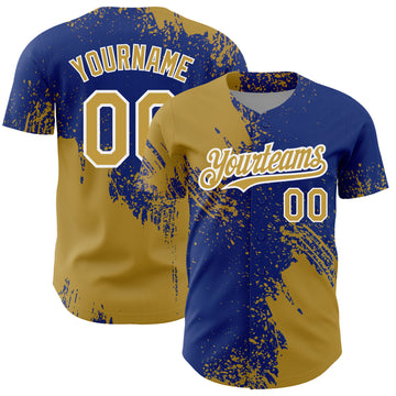 Custom Old Gold Royal-White 3D Pattern Design Abstract Brush Stroke Authentic Baseball Jersey