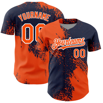 Custom Orange Navy-White 3D Pattern Design Abstract Brush Stroke Authentic Baseball Jersey