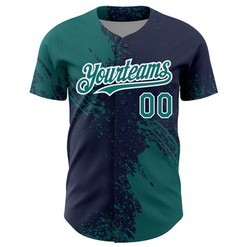 Custom Teal Navy-White 3D Pattern Design Abstract Brush Stroke Authentic Baseball Jersey