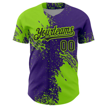 Custom Neon Green Black-Purple 3D Pattern Design Abstract Brush Stroke Authentic Baseball Jersey