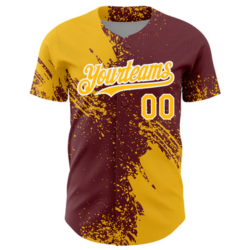 Custom Gold Burgundy-White 3D Pattern Design Abstract Brush Stroke Authentic Baseball Jersey