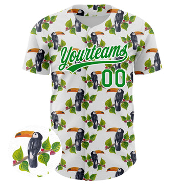 Custom White Grass Green 3D Pattern Design Animal Toucan And Tropical Hawaii Palm Leaves Authentic Baseball Jersey