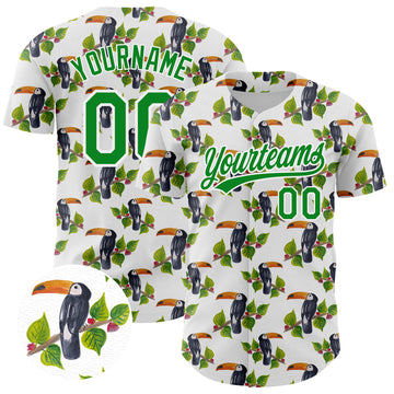 Custom White Grass Green 3D Pattern Design Animal Toucan And Tropical Hawaii Palm Leaves Authentic Baseball Jersey