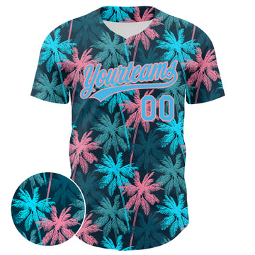 Custom Black Sky Blue-Medium Pink 3D Pattern Design Tropical Hawaii Palm Trees Authentic Baseball Jersey