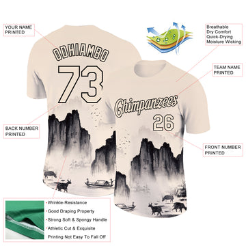 Custom Cream Black 3D Pattern Design Mountain Performance T-Shirt