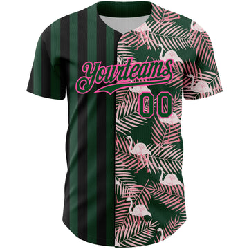 Custom Green Pink-Black 3D Pattern Design Tropical Palm Leaves And Famingo Authentic Baseball Jersey