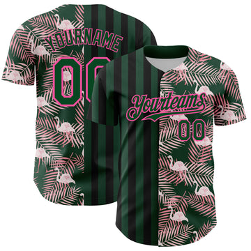 Custom Green Pink-Black 3D Pattern Design Tropical Palm Leaves And Famingo Authentic Baseball Jersey