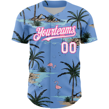 Custom Light Blue White-Pink 3D Pattern Design Tropical Hawaii Palm Trees Authentic Baseball Jersey