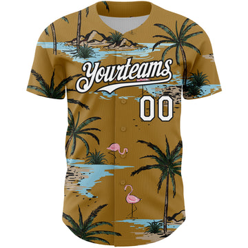 Custom Old Gold White-Black 3D Pattern Design Tropical Hawaii Palm Trees Authentic Baseball Jersey