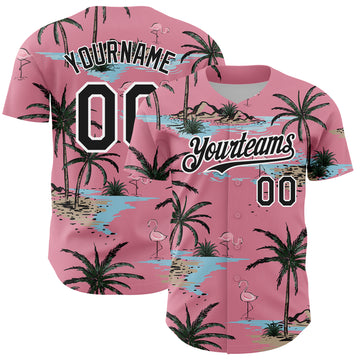 Custom Medium Pink Black-White 3D Pattern Design Tropical Hawaii Palm Trees Authentic Baseball Jersey