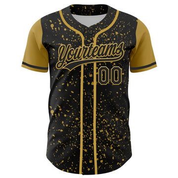 Custom Black Old Gold 3D Pattern Design Abstract Splatter Ink Authentic Baseball Jersey