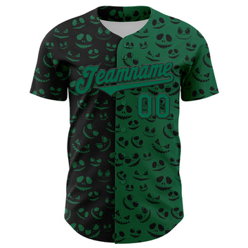 Custom Kelly Green Black 3D Pattern Design Rave Halloween Pumpkin Authentic Baseball Jersey