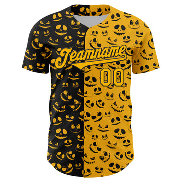 Custom Gold Black 3D Pattern Design Rave Halloween Pumpkin Authentic Baseball Jersey