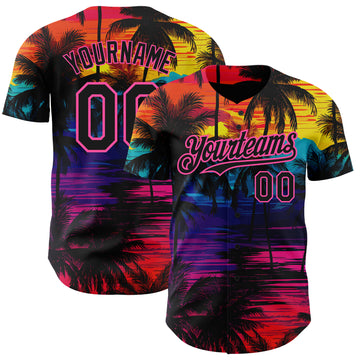 Custom Black Pink 3D Pattern Design Tropical Hawaii Palms Trees Authentic Baseball Jersey