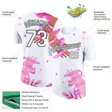 Custom White Black 3D Pink Ribbon Breast Cancer Performance T-Shirt