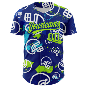 Custom Royal Neon Green-White 3D Pattern Design Football Helmet Authentic Baseball Jersey