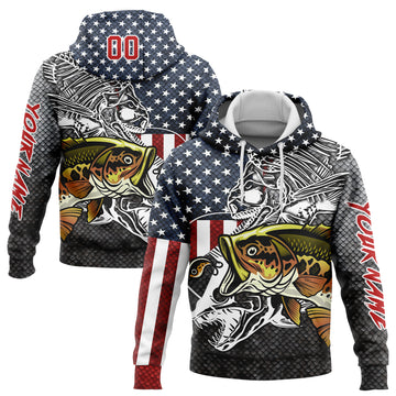 Custom Stitched Navy Red-Steel Gray 3D American Flag And Striped Bass Fish Fishing Sports Pullover Sweatshirt Hoodie