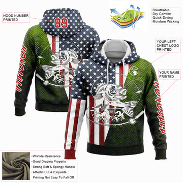 Custom Stitched Navy Red-Aurora Green 3D American Flag And Smallmouth Bass Fish Fishing Sports Pullover Sweatshirt Hoodie