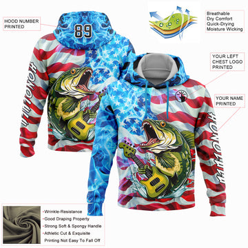 Custom Stitched Sky Blue Black-Red 3D American Flag And Largemouth Bass Fish Fishing Sports Pullover Sweatshirt Hoodie