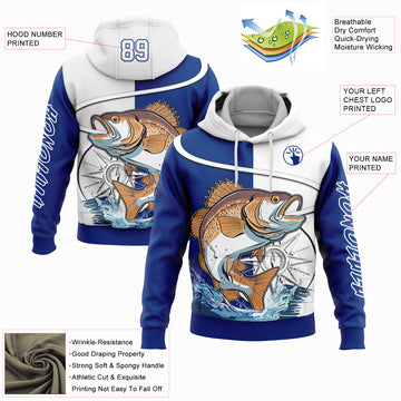 Custom Stitched Thunder Blue White 3D Largemouth Bass Fish Fishing Sports Pullover Sweatshirt Hoodie