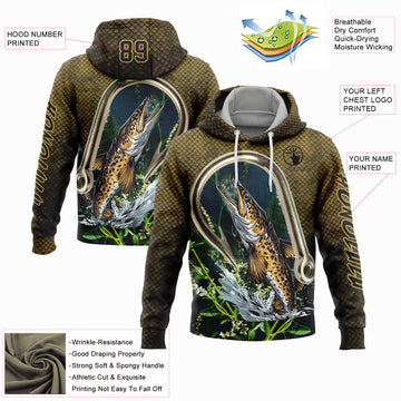 Custom Stitched Old Gold Black 3D Walleye Fish Fishing Sports Pullover Sweatshirt Hoodie