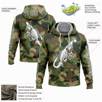 Custom Stitched Camo Olive-White 3D Fish Hook Skull Fishing Sports Pullover Sweatshirt Salute To Service Hoodie