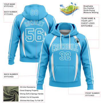 Custom Stitched Sky Blue White 3D Pattern Design Contrast Color Stripe Sports Pullover Sweatshirt Hoodie