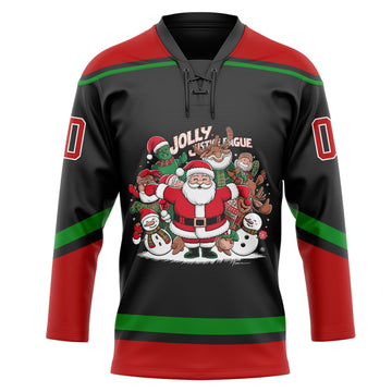 Custom Black Red-Grass Green Funny Christmas 3D Hockey Lace Neck Jersey