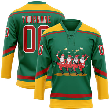 Custom Kelly Green Red-Gold Funny Christmas 3D Hockey Lace Neck Jersey