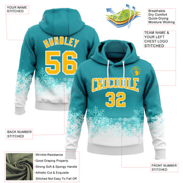 Custom Stitched Teal Gold-White Christmas Snowflakes 3D Sports Pullover Sweatshirt Hoodie