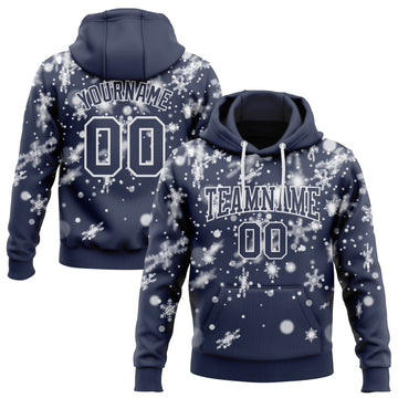 Custom Stitched Navy White Christmas Snowflakes 3D Sports Pullover Sweatshirt Hoodie