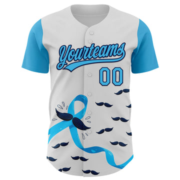 Custom White Sky Blue-Navy 3D Prostate Cancer Ribbon Authentic Baseball Jersey