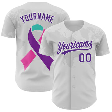 Custom White Purple 3D Thyroid Cancer Ribbon Authentic Baseball Jersey