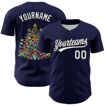 Custom Navy White-Black 3D Funny Christmas Authentic Baseball Jersey