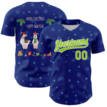 Custom Royal Neon Green-White 3D Funny Christmas Authentic Baseball Jersey