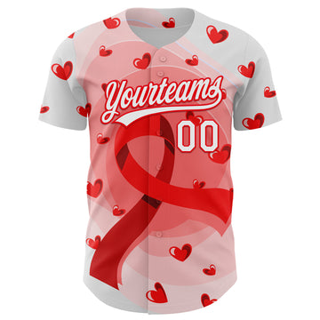 Custom White Fire Red 3D Blood Cancer Ribbon Authentic Baseball Jersey