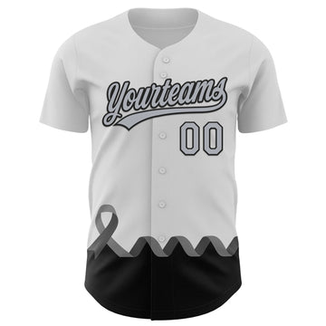 Custom White Gray-Black 3D Brain Cancer Ribbon Authentic Baseball Jersey