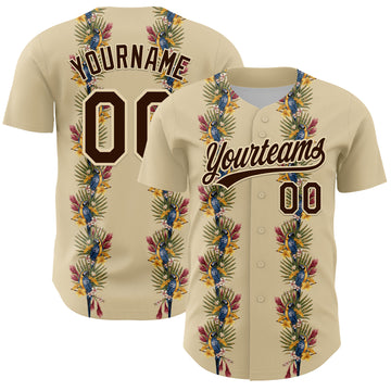 Custom Cream Brown 3D Tropical Hawaii Palm Tree And Bird Authentic Baseball Jersey