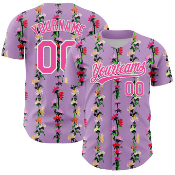 Custom Light Purple Pink-White 3D Tropical Hawaii Flower Authentic Baseball Jersey