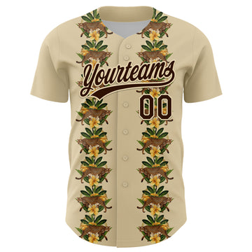 Custom Cream Brown 3D Tropical Hawaii Jungle Plant And Leopard Authentic Baseball Jersey