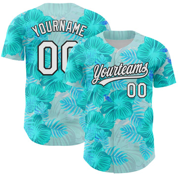 Custom Lakes Blue White-Black 3D Tropical Hawaii Jungle Leaves And Flower Authentic Baseball Jersey