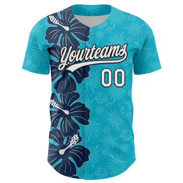 Custom Lakes Blue White-Black 3D Tropical Hawaii Jungle Leaves And Flower Authentic Baseball Jersey