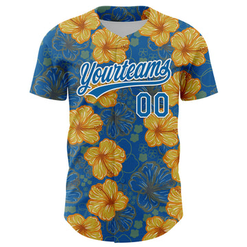 Custom Blue White 3D Tropical Hawaii Flower Authentic Baseball Jersey