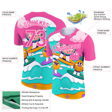 Custom Pink White 3D Pattern Design Extreme Sport Fruit Surfing Performance T-Shirt