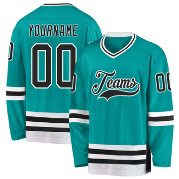 Custom Aqua Black-White Hockey Jersey