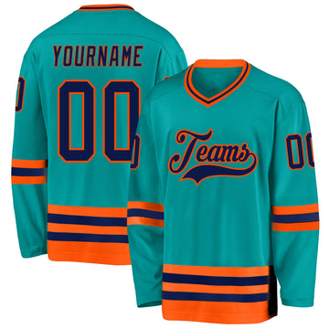 Custom Aqua Navy-Orange Hockey Jersey